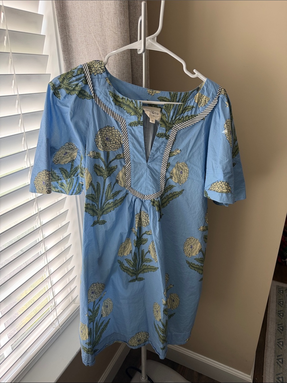 Umgee Light Blue Floral Mini Dress with Green Botanical Print